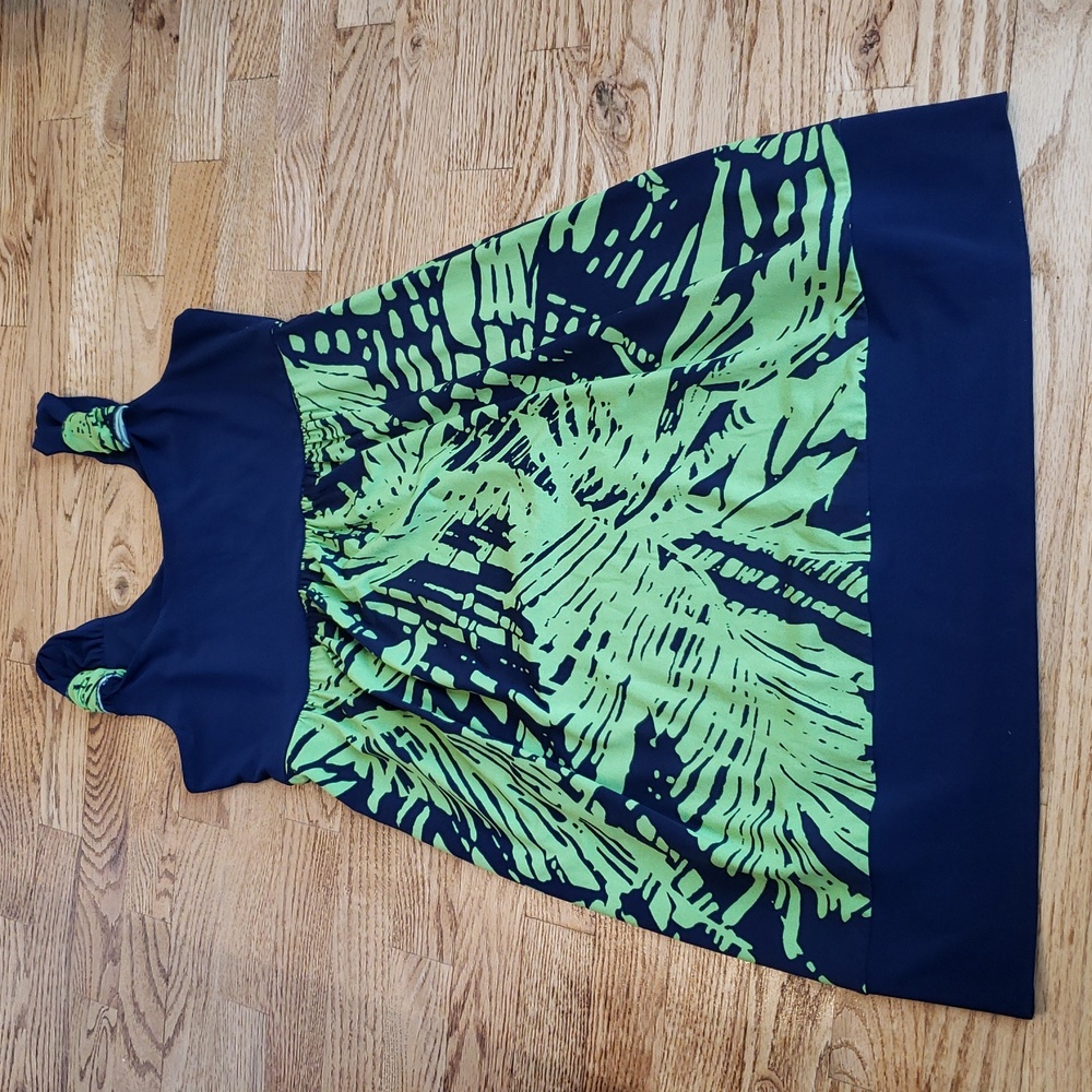 (4) Joseph Ribkoff Palm Print Empire Waist Dress Tropical Resortwear Coastal